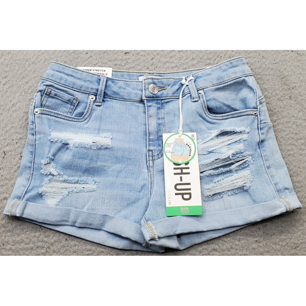Refuge Denim Rio Push Up Shorts Womens 3 Blue Denim Distressed Mid Rise Stretch